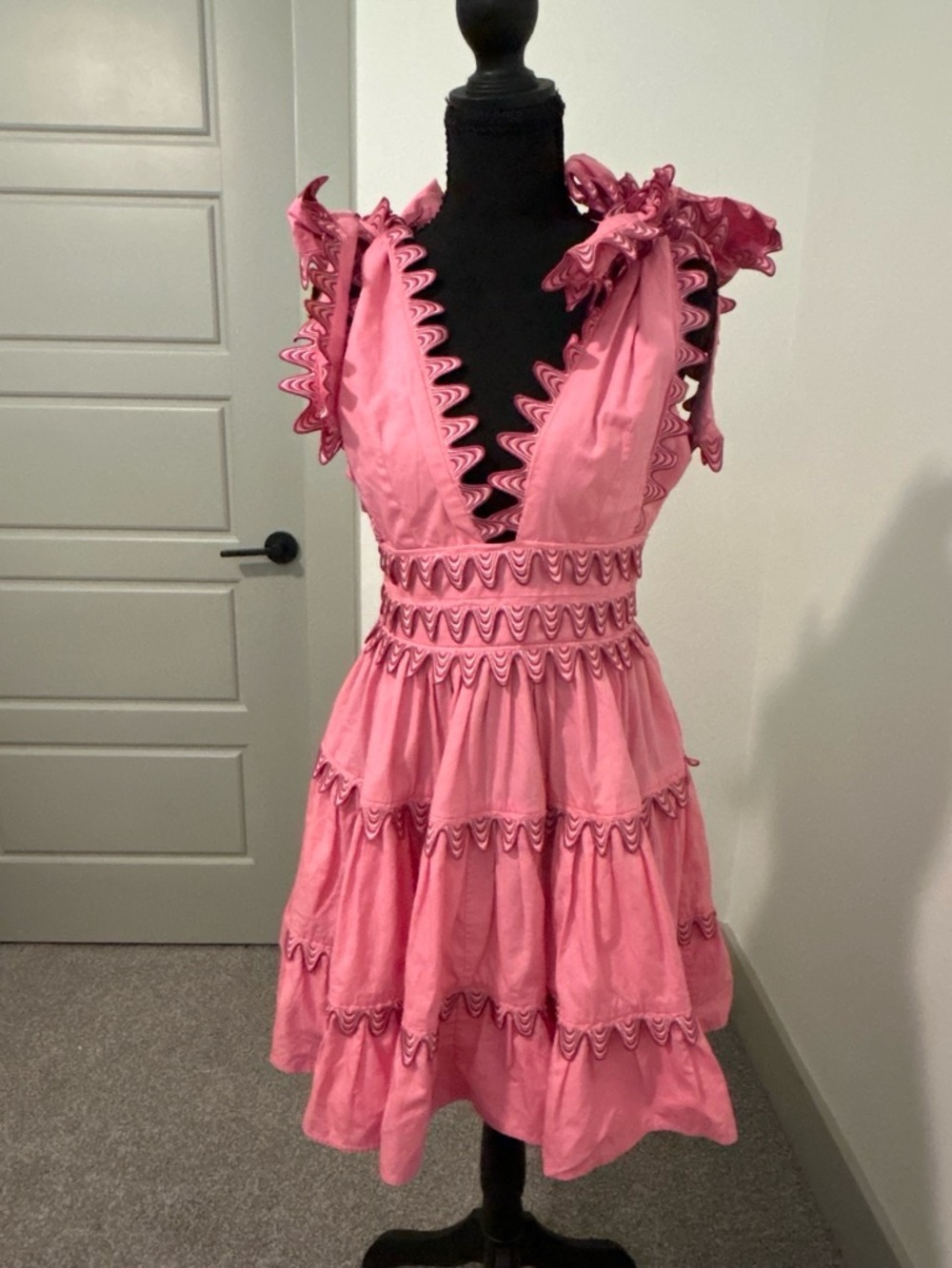 Sleeveless Pink Ruffle Tiered Mini Dress with V-Neck